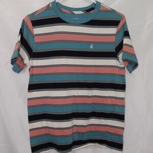 Volcom Shirt Mens XS Black Blue Pink Striped Modern Fit Tee Cotton